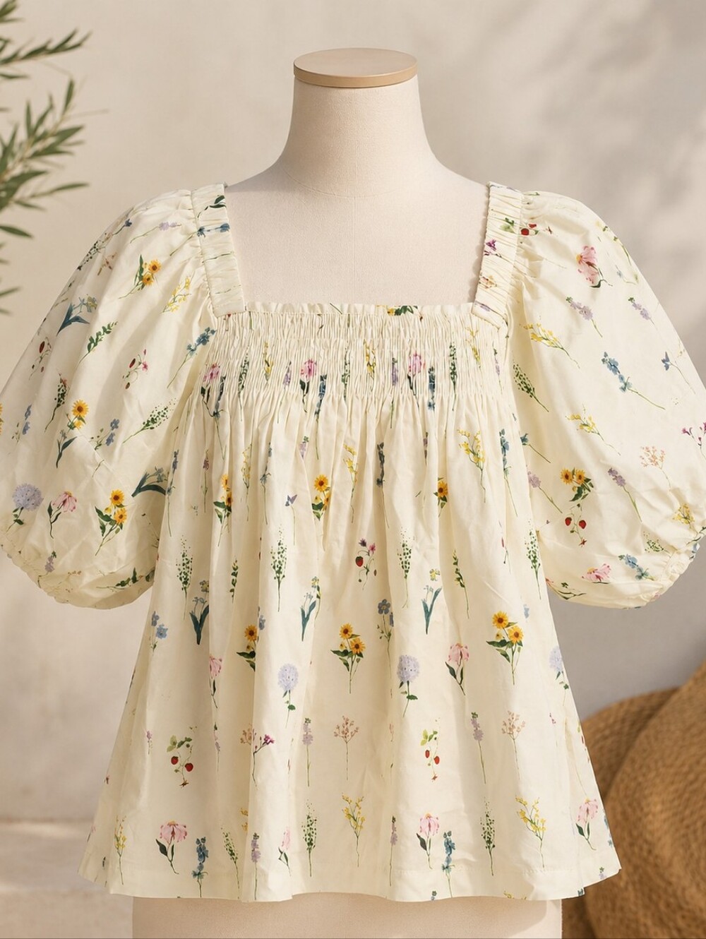 Square Neck Rosie Top Puff Sleeve Blouse Floral Smocked NWT